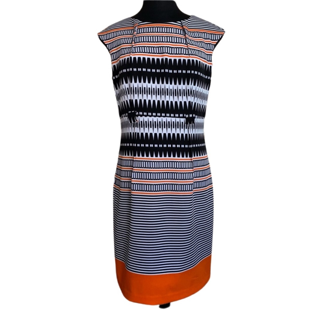 ILE Dress Sleeveless Patterned Sheath Sleeveless Black Orange Size 10